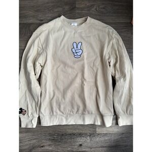 Disney Mickey Mouse Peace Sign Beige Tan Pullover‎ Sweater Sweatshirt Size Small
